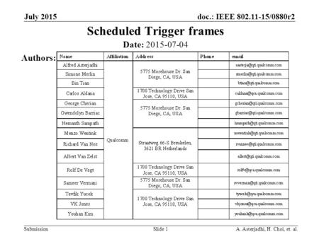 Doc.: IEEE 802.11-15/0880r2 Submission Scheduled Trigger frames July 2015 Slide 1 Date: 2015-07-04 Authors: A. Asterjadhi, H. Choi, et. al.