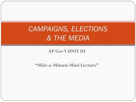 AP Gov’t UNIT III “Mile-a-Minute Mini Lecture” CAMPAIGNS, ELECTIONS & THE MEDIA.