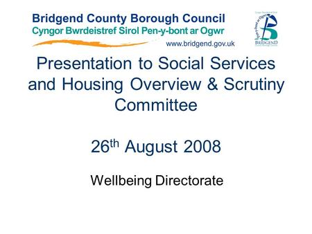 Presentation to Social Services and Housing Overview & Scrutiny Committee 26 th August 2008 Wellbeing Directorate.