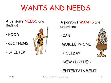 PM/02Business Activity in Contemporary Society1 WANTS AND NEEDS A person’s NEEDS are limited - FOOD CLOTHING SHELTER A person’s WANTS are unlimited - CAR.
