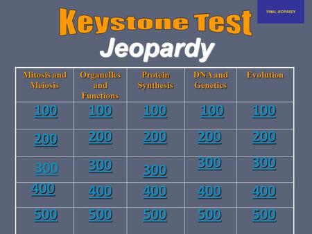Jeopardy Mitosis and Meiosis Organelles and Functions Protein Synthesis DNA and Genetics Evolution 300 300300 FINAL JEOPARDY 100 200 400 500 100 200 300.