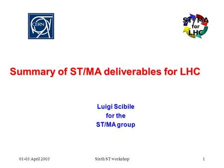 ST/MAforLHC 01-03 April 2003Sixth ST workshop1 Summary of ST/MA deliverables for LHC Luigi Scibile for the ST/MA group.