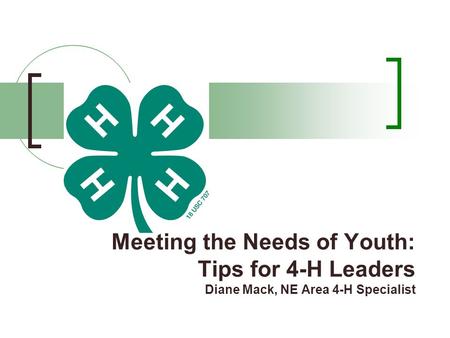 Meeting the Needs of Youth: Tips for 4-H Leaders Diane Mack, NE Area 4-H Specialist.