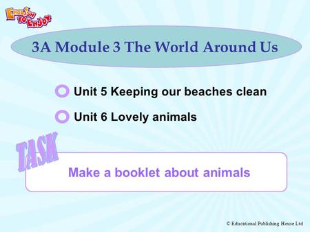 © Educational Publishing House Ltd 3A Module 3 The World Around Us Unit 5 Keeping our beaches clean Unit 6 Lovely animals Make a booklet about animals.