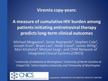 Supported by: NIAID/NHLBI R24 AI067039, NIAID R21 AI087360 Viremia copy-years: A measure of cumulative HIV burden among patients initiating antiretroviral.