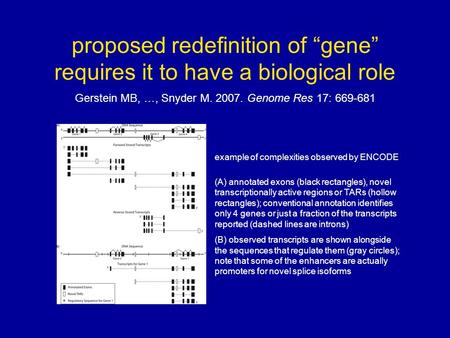 Proposed redefinition of “gene” requires it to have a biological role Gerstein MB, …, Snyder M. 2007. Genome Res 17: 669-681 example of complexities observed.