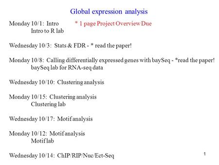 1 Global expression analysis Monday 10/1: Intro* 1 page Project Overview Due Intro to R lab Wednesday 10/3: Stats & FDR - * read the paper! Monday 10/8: