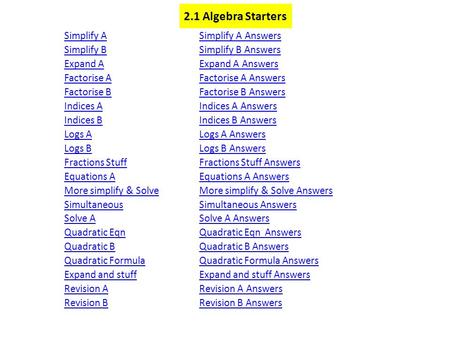 2.1 Algebra Starters Simplify ASimplify A Answers Simplify BSimplify B Answers Expand AExpand A Answers Factorise AFactorise A Answers Factorise BFactorise.