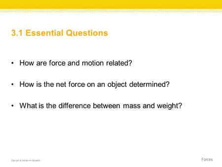 3.1 Essential Questions How are force and motion related? How is the net force on an object determined? What is the difference between mass and weight?
