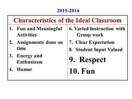 Characteristics of the Ideal Classroom 1.Fun and Meaningful Activities 2.Assignments done on time 3.Energy and Enthusiasm 4.Humor 6. Varied Instruction.
