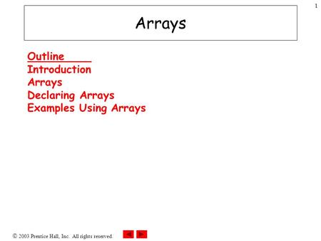  2003 Prentice Hall, Inc. All rights reserved. 1 Arrays Outline Introduction Arrays Declaring Arrays Examples Using Arrays.