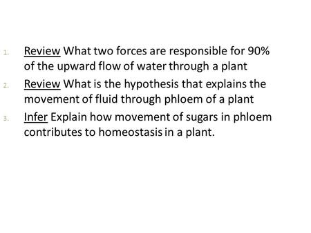 Review What two forces are responsible for 90% of the upward flow of water through a plant Review What is the hypothesis that explains the movement of.