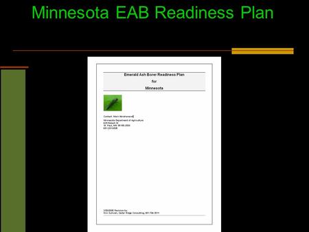 Minnesota EAB Readiness Plan. Readiness Plan Objectives  Delay the introduction and establishment of EAB in Minnesota.  Identify and prepare outreach,