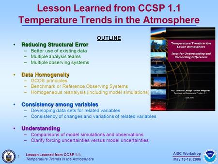 1 AISC Workshop May 16-18, 2006 Lesson Learned from CCSP 1.1: Temperature Trends in the Atmosphere Lesson Learned from CCSP 1.1 Temperature Trends in the.