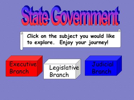 Legislative Branch Judicial Branch Executive Branch Click on the subject you would like to explore. Enjoy your journey!