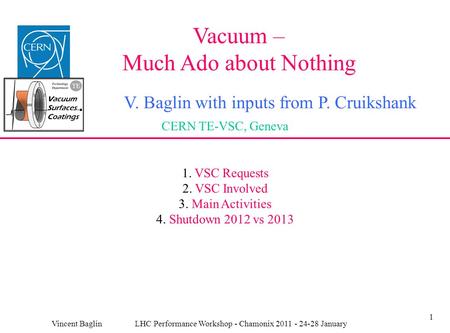 1 Vacuum – Much Ado about Nothing V. Baglin with inputs from P. Cruikshank CERN TE-VSC, Geneva Vincent Baglin LHC Performance Workshop - Chamonix 2011.
