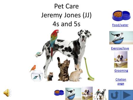 Pet Care Jeremy Jones (JJ) 4s and 5s Food/water Exercise/love Grooming Citation page.