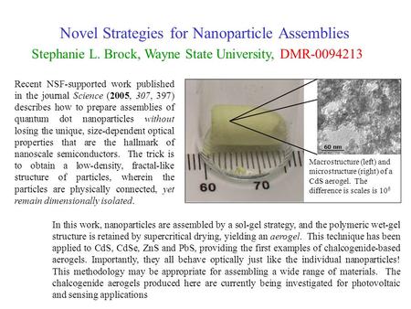 Novel Strategies for Nanoparticle Assemblies Stephanie L. Brock, Wayne State University, DMR-0094213 Recent NSF-supported work published in the journal.