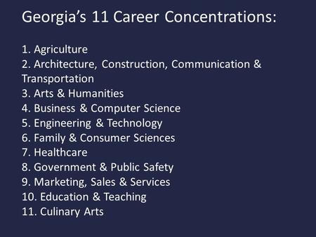 Georgia’s 11 Career Concentrations: 1. Agriculture 2. Architecture, Construction, Communication & Transportation 3. Arts & Humanities 4. Business & Computer.