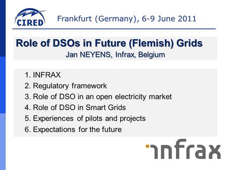 Frankfurt (Germany), 6-9 June 2011 1. INFRAX 2. Regulatory framework 3. Role of DSO in an open electricity market 4. Role of DSO in Smart Grids 5. Experiences.