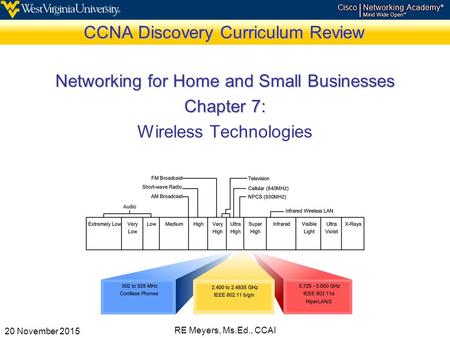 20 November 2015 RE Meyers, Ms.Ed., CCAI CCNA Discovery Curriculum Review Networking for Home and Small Businesses Chapter 7: Wireless Technologies.