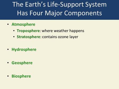 The Earth’s Life-Support System Has Four Major Components Atmosphere Troposphere: where weather happens Stratosphere: contains ozone layer Hydrosphere.