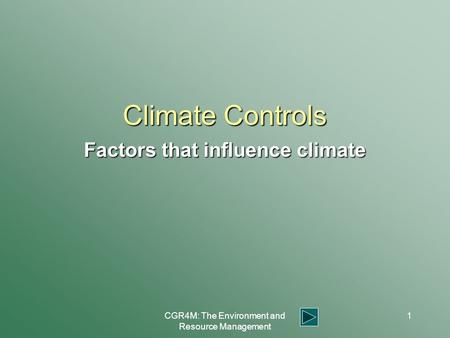 CGR4M: The Environment and Resource Management 1 Climate Controls Factors that influence climate.