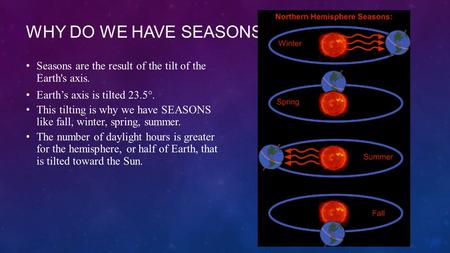 Why do we have seasons? Seasons are the result of the tilt of the Earth's axis. Earth’s axis is tilted 23.5°. This tilting is why we have SEASONS like.