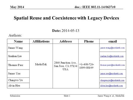 Doc.: IEEE 802.11-14/0637r0 Submission May 2014 James Wang et. al., MediaTekSlide 1 Spatial Reuse and Coexistence with Legacy Devices Date: 2014-05-13.
