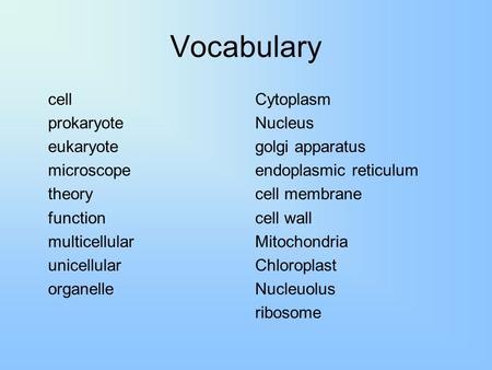 Vocabulary cell prokaryote eukaryote microscope theory function