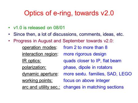 Optics of e-ring, towards v2.0 v1.0 is released on 08/01 Since then, a lot of discussions, comments, ideas, etc. Progress in August and September towards.