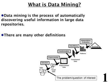 1 What is Data Mining? l Data mining is the process of automatically discovering useful information in large data repositories. l There are many other.