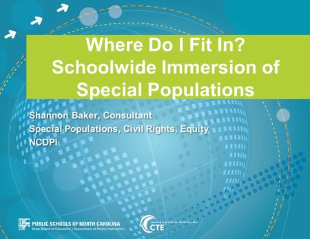 Where Do I Fit In? Schoolwide Immersion of Special Populations Shannon Baker, Consultant Special Populations, Civil Rights, Equity NCDPI Shannon Baker,