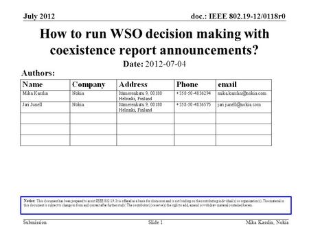 Doc.: IEEE 802.19-12/0118r0 Submission July 2012 Mika Kasslin, NokiaSlide 1 How to run WSO decision making with coexistence report announcements? Notice: