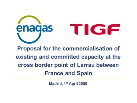 Madrid, 1 st April 2008 Proposal for the commercialisation of existing and committed capacity at the cross border point of Larrau between France and Spain.