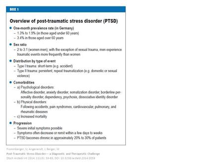 Frommberger, U; Angenendt, J; Berger, M Post-Traumatic Stress Disorder— a Diagnostic and Therapeutic Challenge Dtsch Arztebl Int 2014; 111(5): 59-65; DOI: