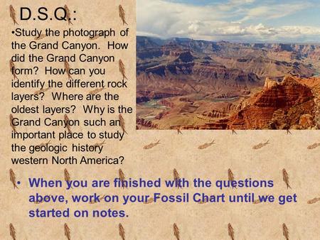 D.S.Q.: When you are finished with the questions above, work on your Fossil Chart until we get started on notes. Study the photograph of the Grand Canyon.
