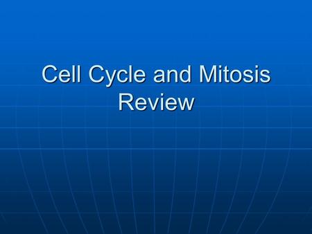 Cell Cycle and Mitosis Review. What phase is this cell in? 1. Interphase 2. Prophase 3. Metaphase 4. Anaphase 5. Telophase 123456789101112131415161718192021222324252627282930.