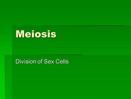 Meiosis Division of Sex Cells. Meiosis  A process of reduction division in which the number of chromosomes per cell is cut in half through the separation.