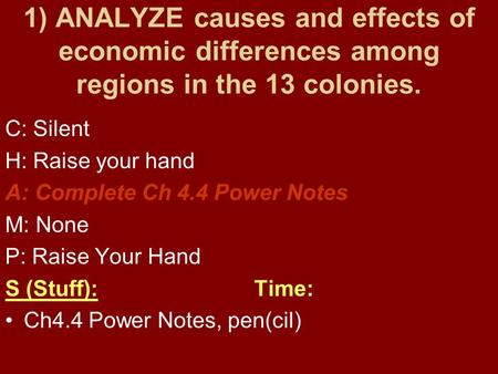 C: Silent H: Raise your hand A: Complete Ch 4.4 Power Notes M: None
