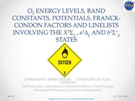 O 2 ENERGY LEVELS, BAND CONSTANTS, POTENTIALS, FRANCK- CONDON FACTORS AND LINELISTS INVOLVING THE X 3  g, a 1  g AND b 1  + g STATES SHANSHAN YU, BRIAN.