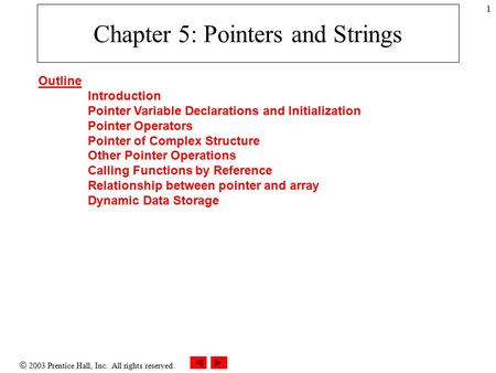  2003 Prentice Hall, Inc. All rights reserved. 1 Chapter 5: Pointers and Strings Outline Introduction Pointer Variable Declarations and Initialization.