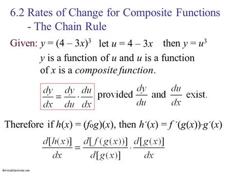 Thevisualclassroom.com 6.2 Rates of Change for Composite Functions - The Chain Rule Therefore if h(x) = (f o g)(x), then h ´ (x) = f ´ (g(x)) · g ´ (x)
