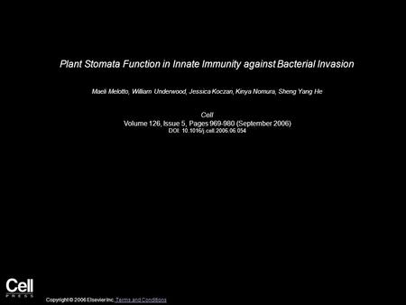 Plant Stomata Function in Innate Immunity against Bacterial Invasion Maeli Melotto, William Underwood, Jessica Koczan, Kinya Nomura, Sheng Yang He Cell.