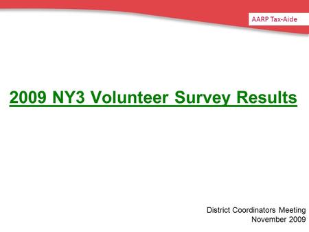 2009 NY3 Volunteer Survey Results District Coordinators Meeting November 2009 AARP Tax-Aide.
