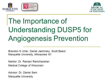 The Importance of Understanding DUSP5 for Angiogenesis Prevention Brandon S Uhler, Daniel Jashinsky, Scott Beard Marquette University, Milwaukee WI Mentor: