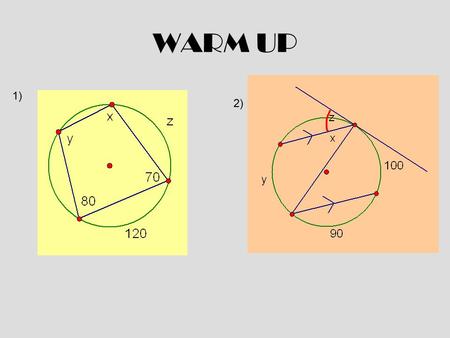 WARM UP 1) 2). Section 9.6 Other Angles OTHER Angles in a Circle You know two types of Angles: –Central angles –Inscribed angles FOUR OTHER TYPES 1)
