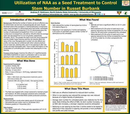 Utilization of NAA as a Seed Treatment to Control Stem Number in Russet Burbank Andrew P. Robinson, North Dakota State University / University of Minnesota.