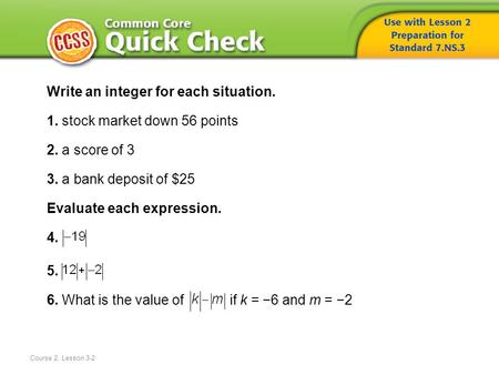 Write an integer for each situation. 1. stock market down 56 points