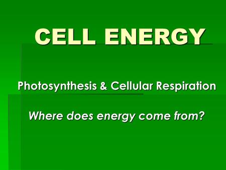 CELL ENERGY CELL ENERGY Photosynthesis & Cellular Respiration Where does energy come from?